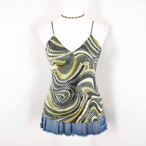 Vintage 2000s Y2K F21 Green Cream and Black Swirl Print Sequins Cami Top Size S - Picture 1 of 7